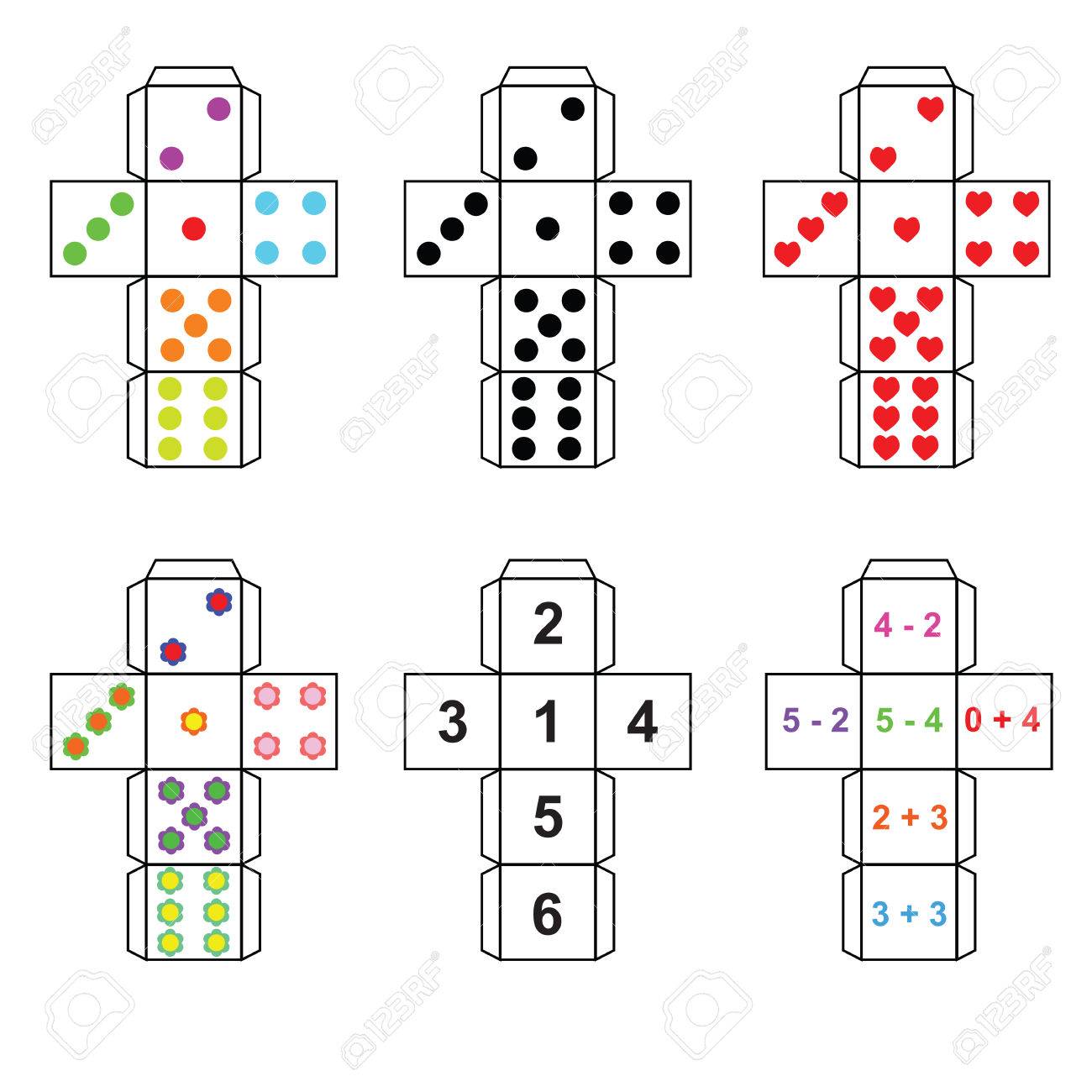 a set of six variants of dice paper template cut out fold and