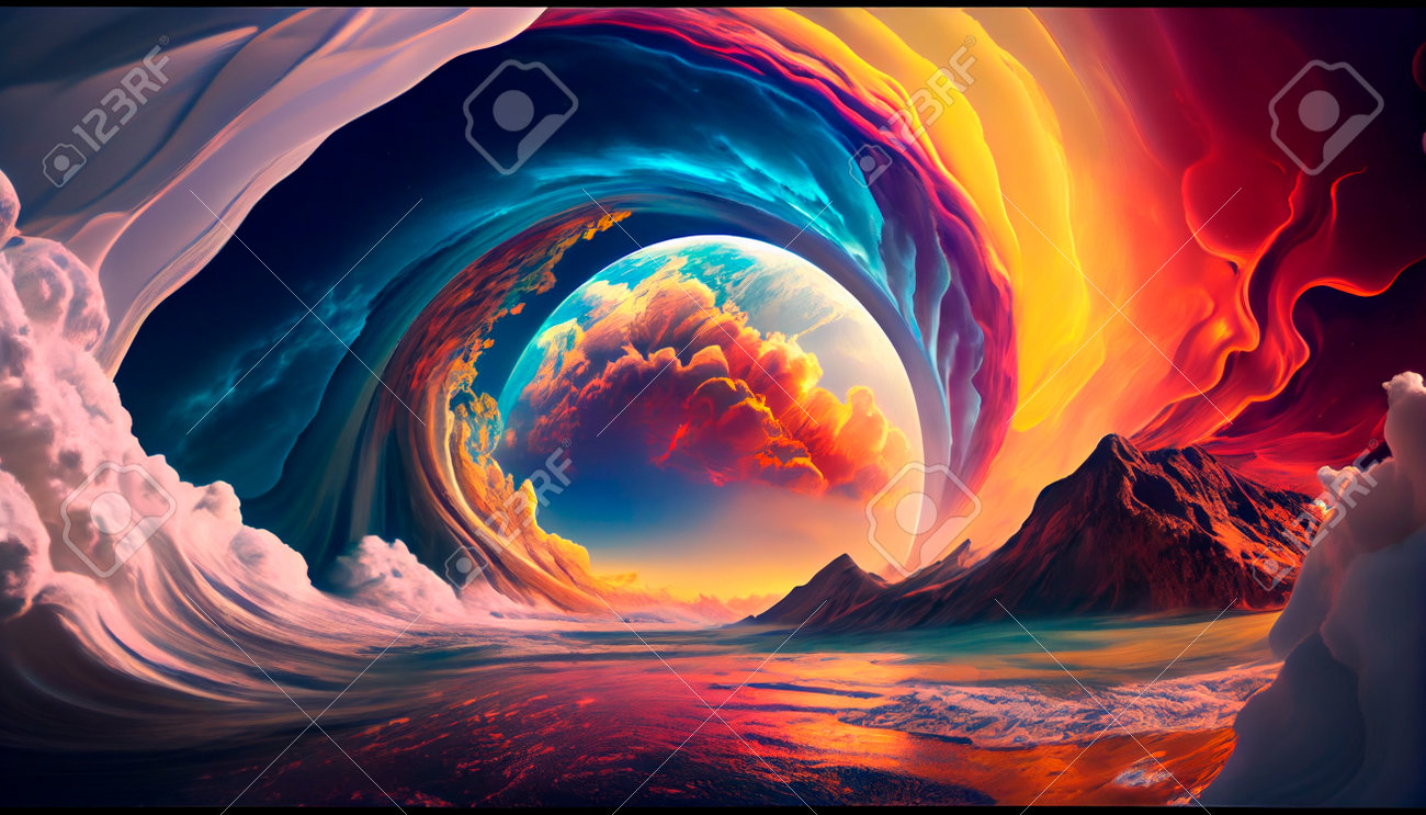 渦巻く雲とカラフルな風景を持つ幻想的な惑星の生成AIイラストの写真