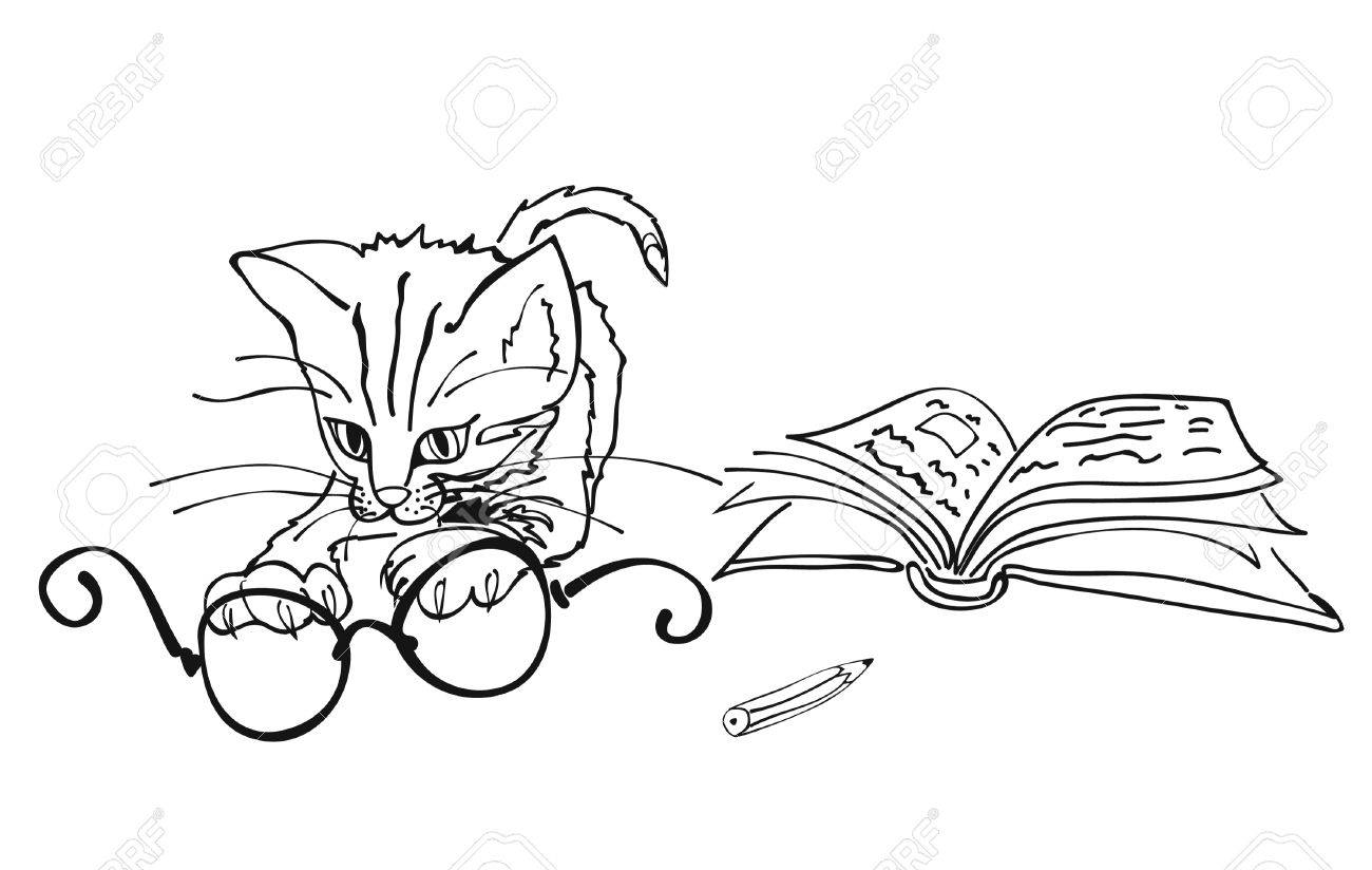 視度眼鏡 本と鉛筆で再生スマートかわいい猫のベクトル イラスト のイラスト素材 ベクタ Image
