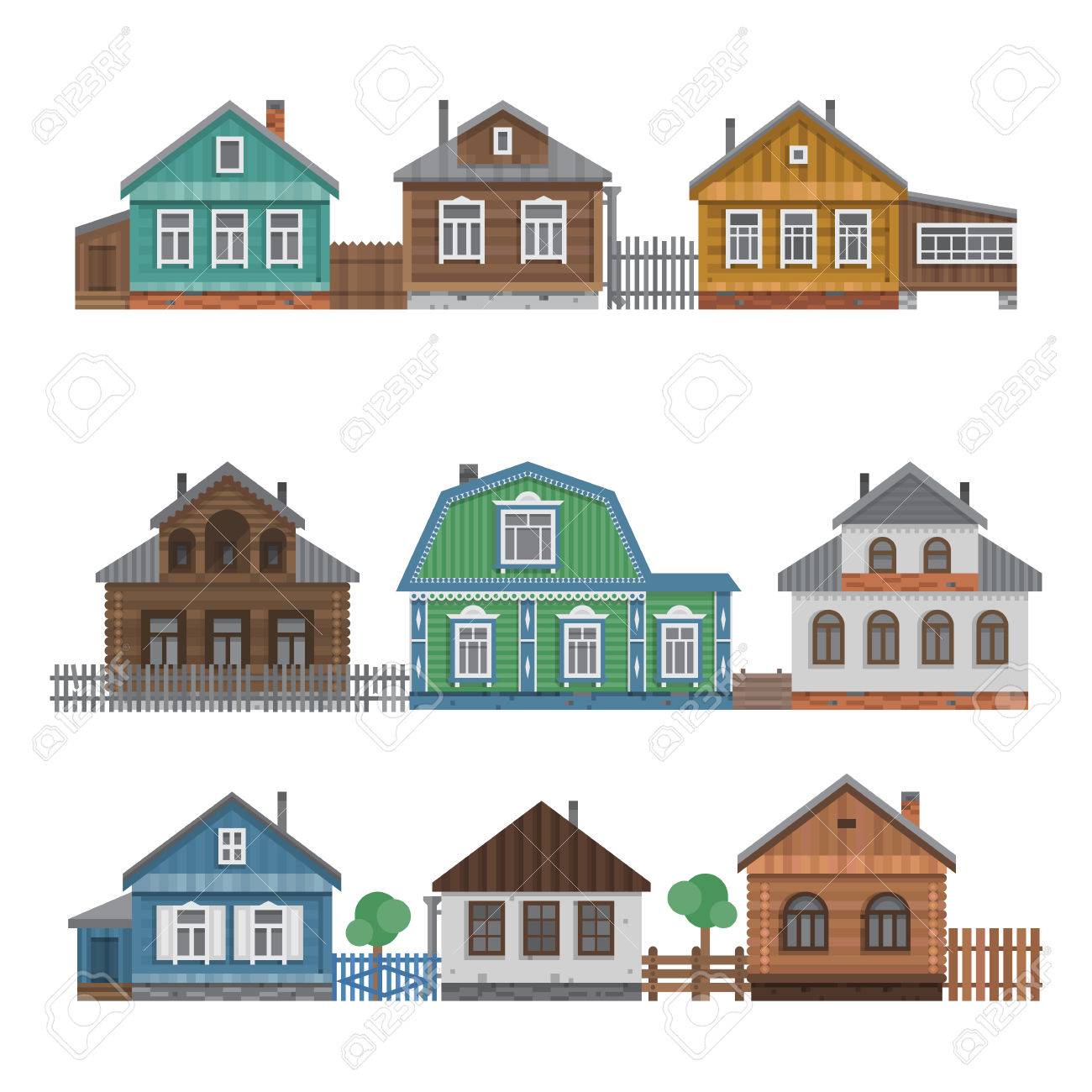 国を収蔵します カラフルな村ロシアの古い家を設定します 田舎色の家 木製の柵 装飾 木とかわいいアウトバック小屋 ベクトル イラスト のイラスト素材 ベクタ Image
