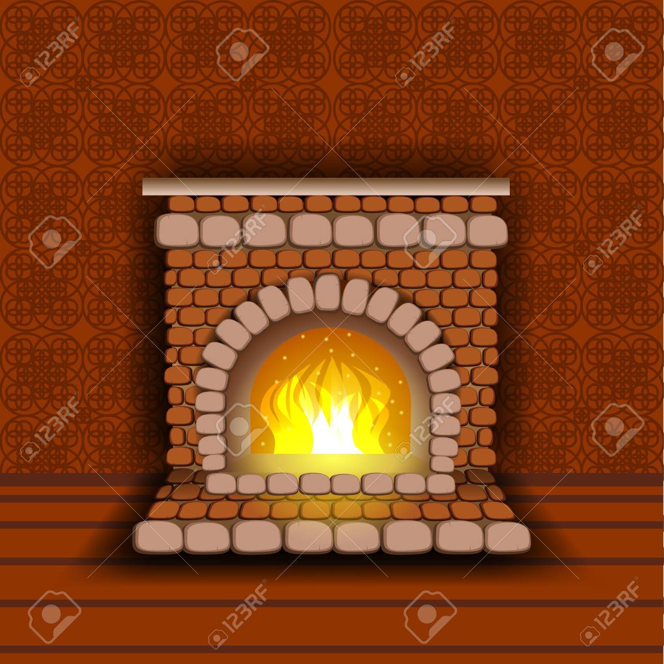 火と石の暖炉 暖かみのある赤 ルームの壁紙 のイラスト素材 ベクタ Image