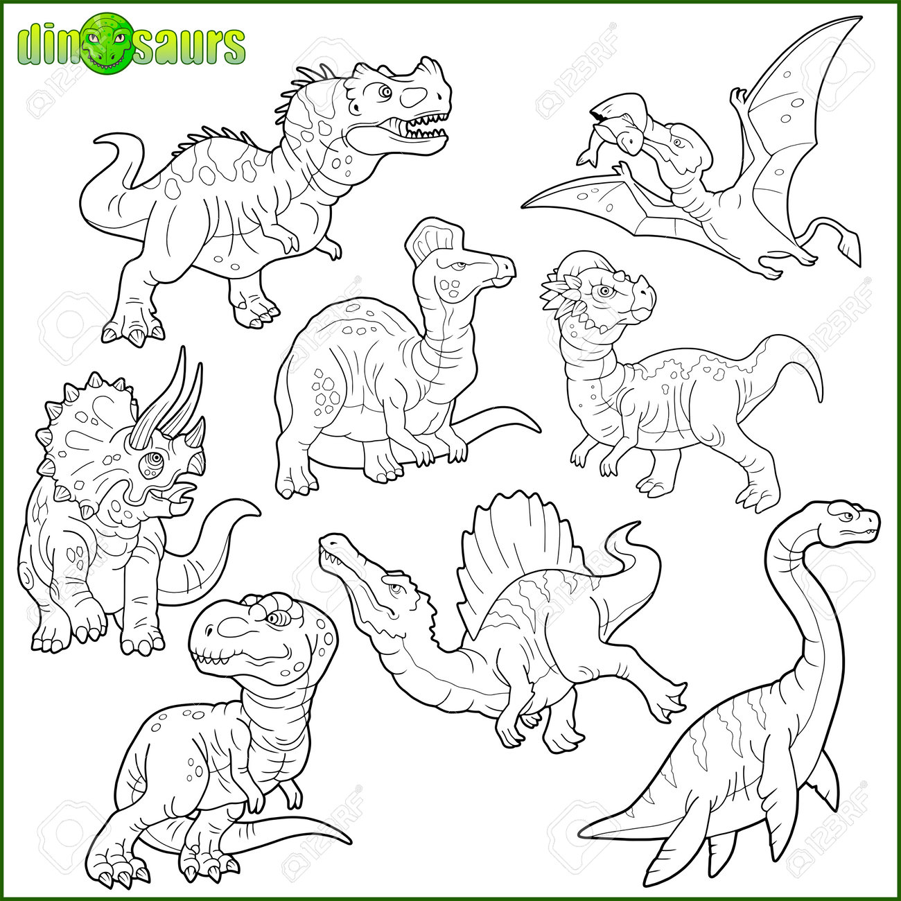 Download Prehistoric Dinosaurs Coloring Book Set Of Cartoon Images Royalty Free Cliparts Vectors And Stock Illustration Image 160302338