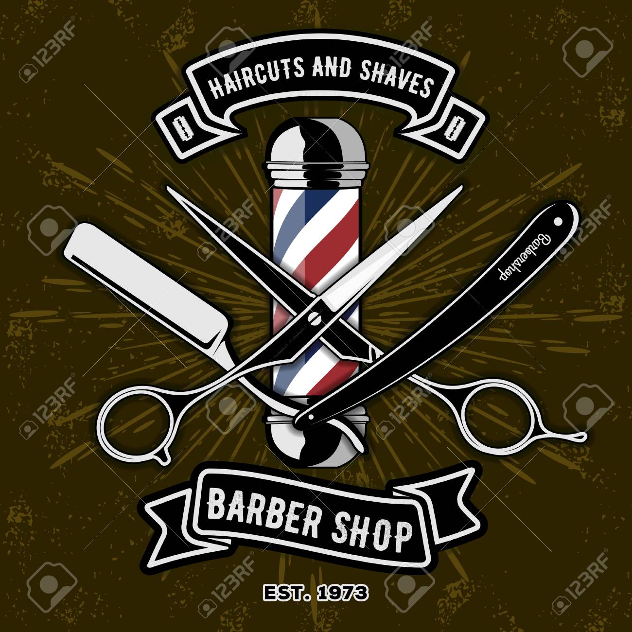 Barber Shop Logo with barber pole in vintage style. Vector template - 107320724 Barber Shop Logo with barber pole in vintage style. Vector template - 107320724