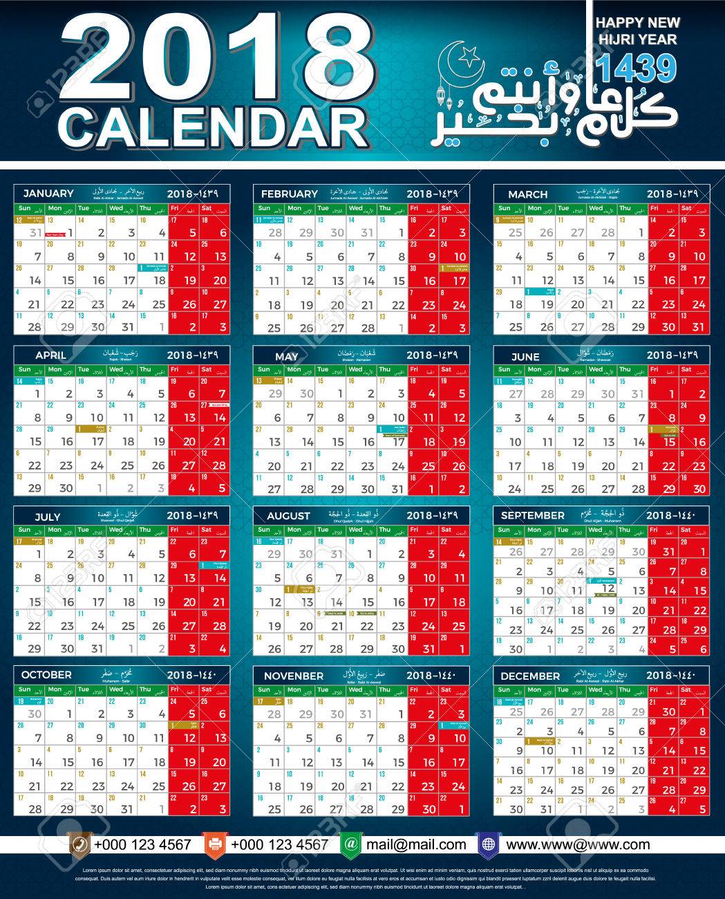 Calendario 2018 Hijri 1439 Islamico Fechas En Arabe E Ingles Diseno Horizontal Con Plantilla De Contacto Inferior Ilustraciones Vectoriales Clip Art Vectorizado Libre De Derechos Image 86917712 calendario arabe