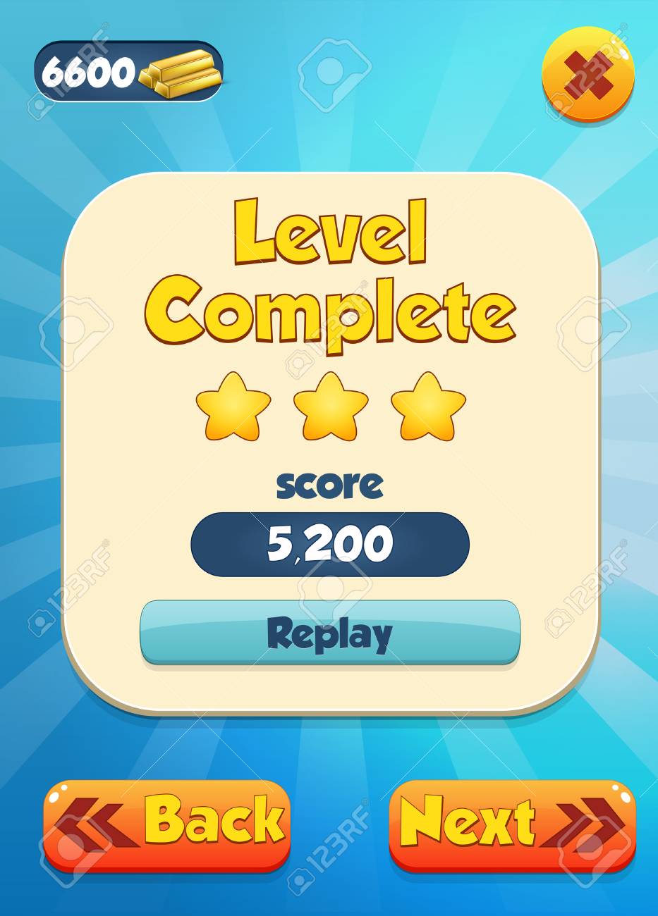 Level Complete Menu Pop Up With Stars Score And Buttons Complete Menu Of Graphical User Interface