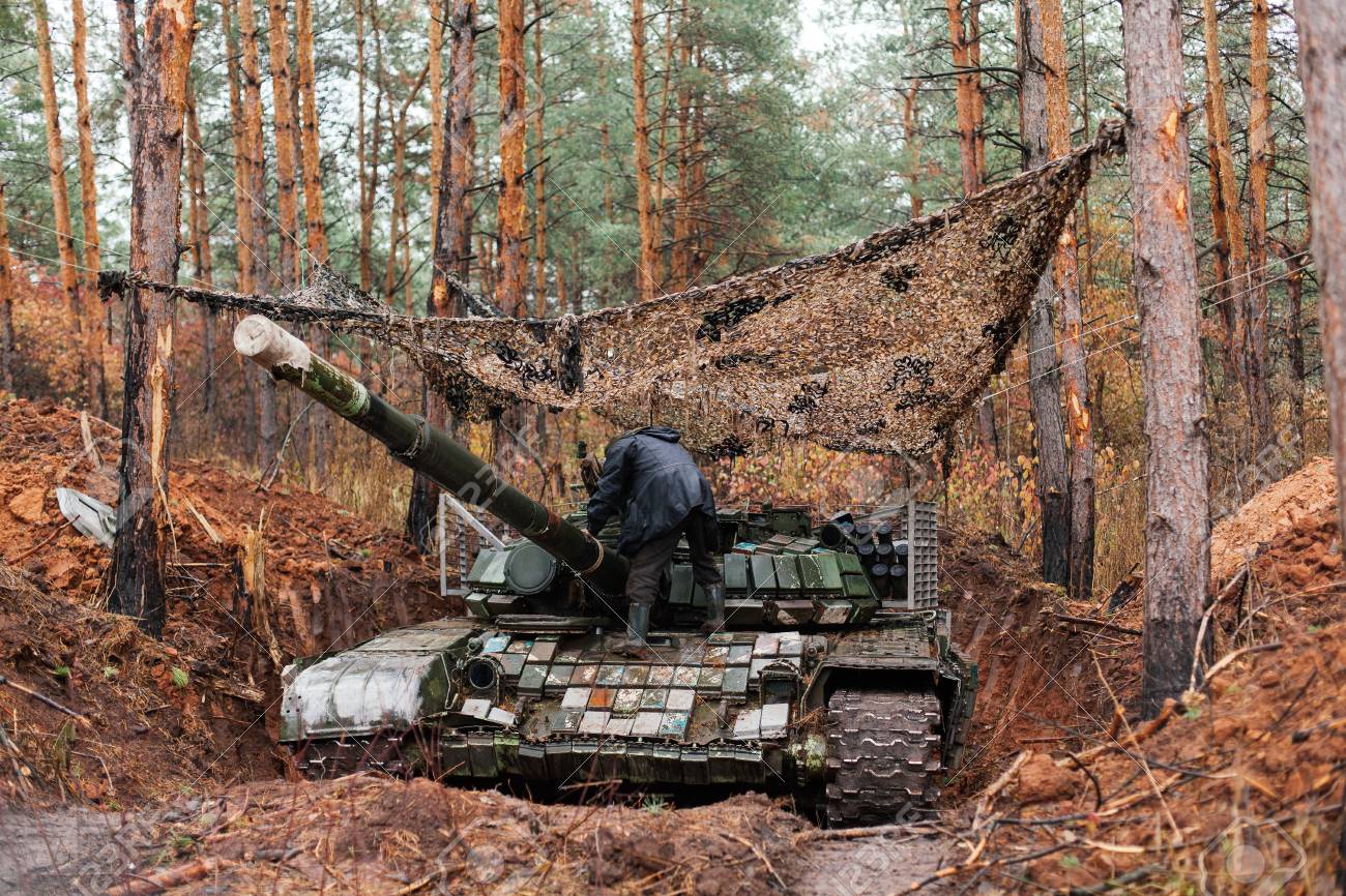 real battle tanks disguised in the trenches donbass ukraine stock