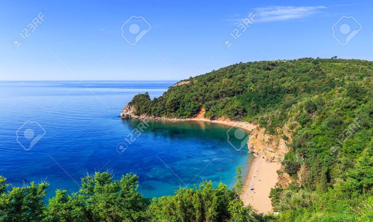 view from above on adriatic sea coastline and mogren beach at