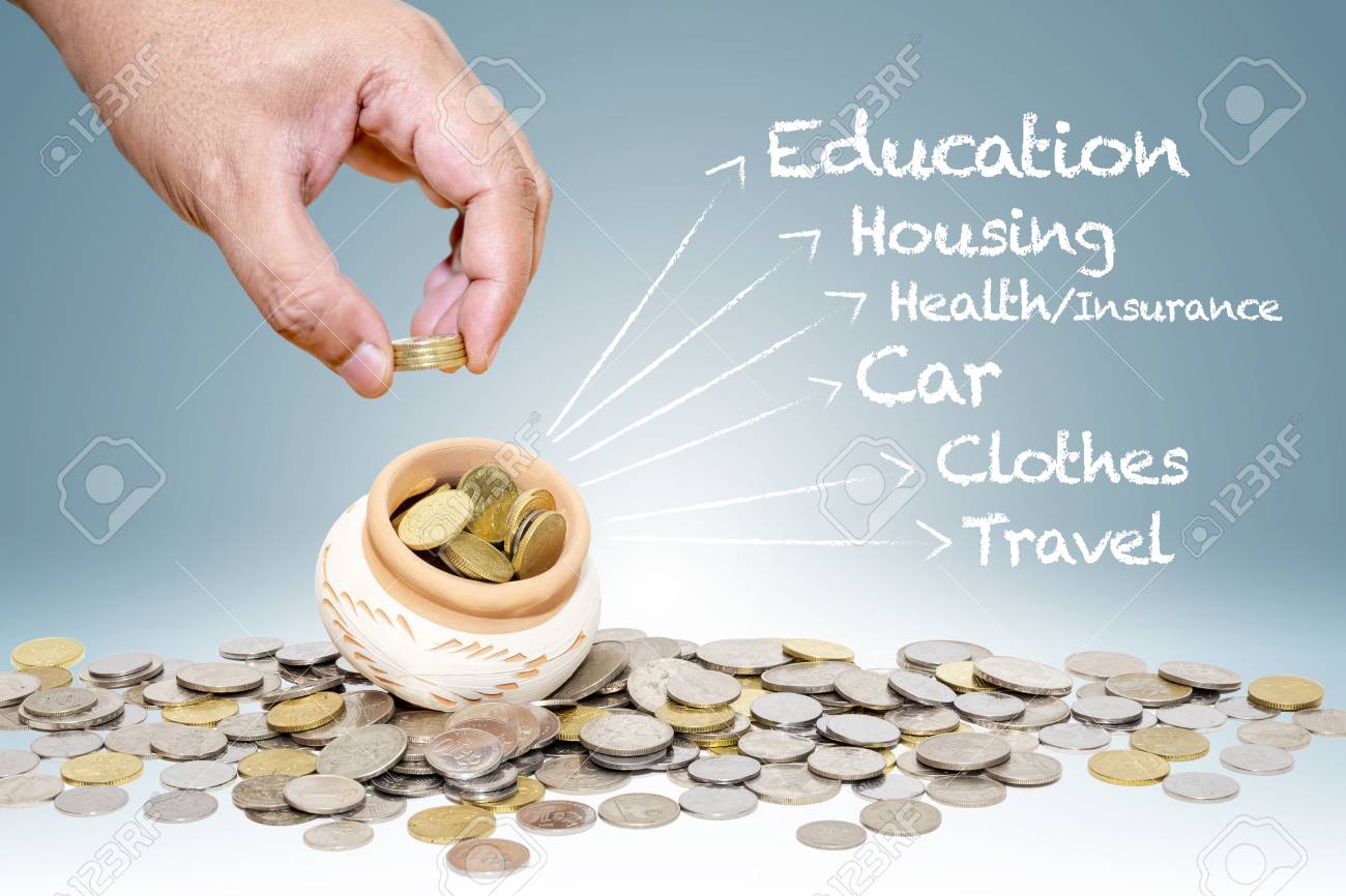 personal money saving planning info concept coins putting into