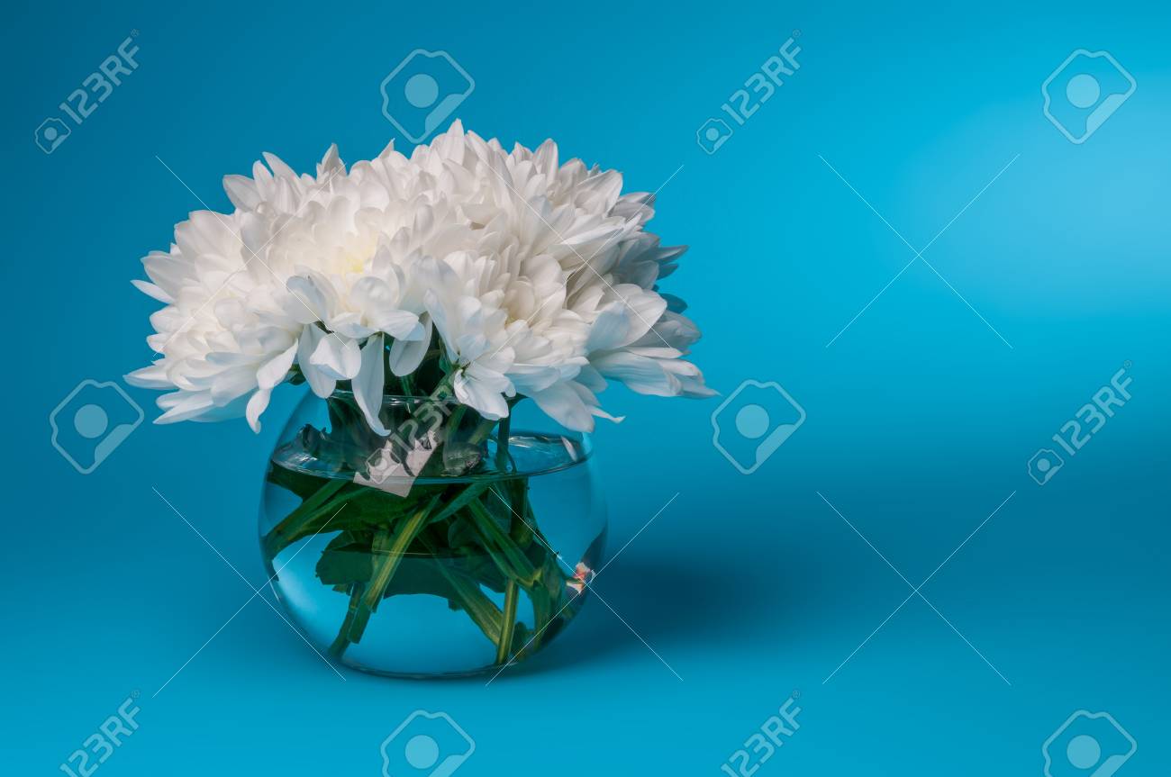 Bouquet Of White Chrysanthemums In Small Round Vase Stock Photo