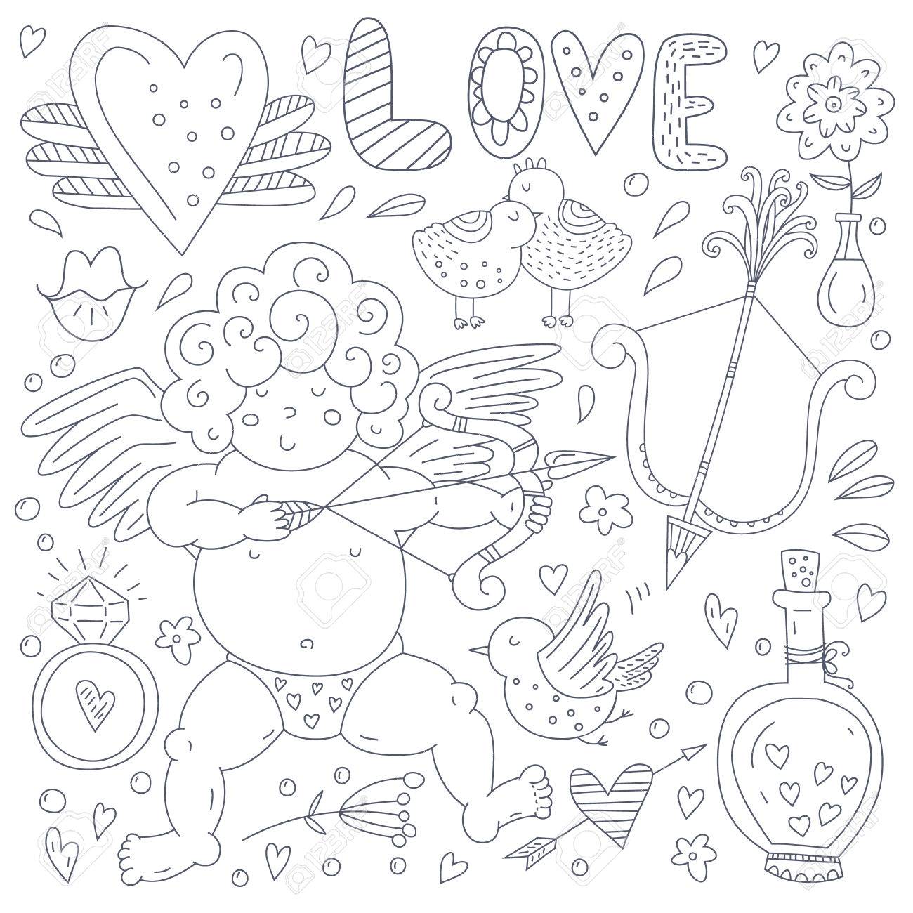 キューピッド 心と矢印 Diamons リング その他かわいいロマンチックなベクトルの要素 手描き落書きバレンタインデーの文字やイラスト のイラスト素材 ベクタ Image