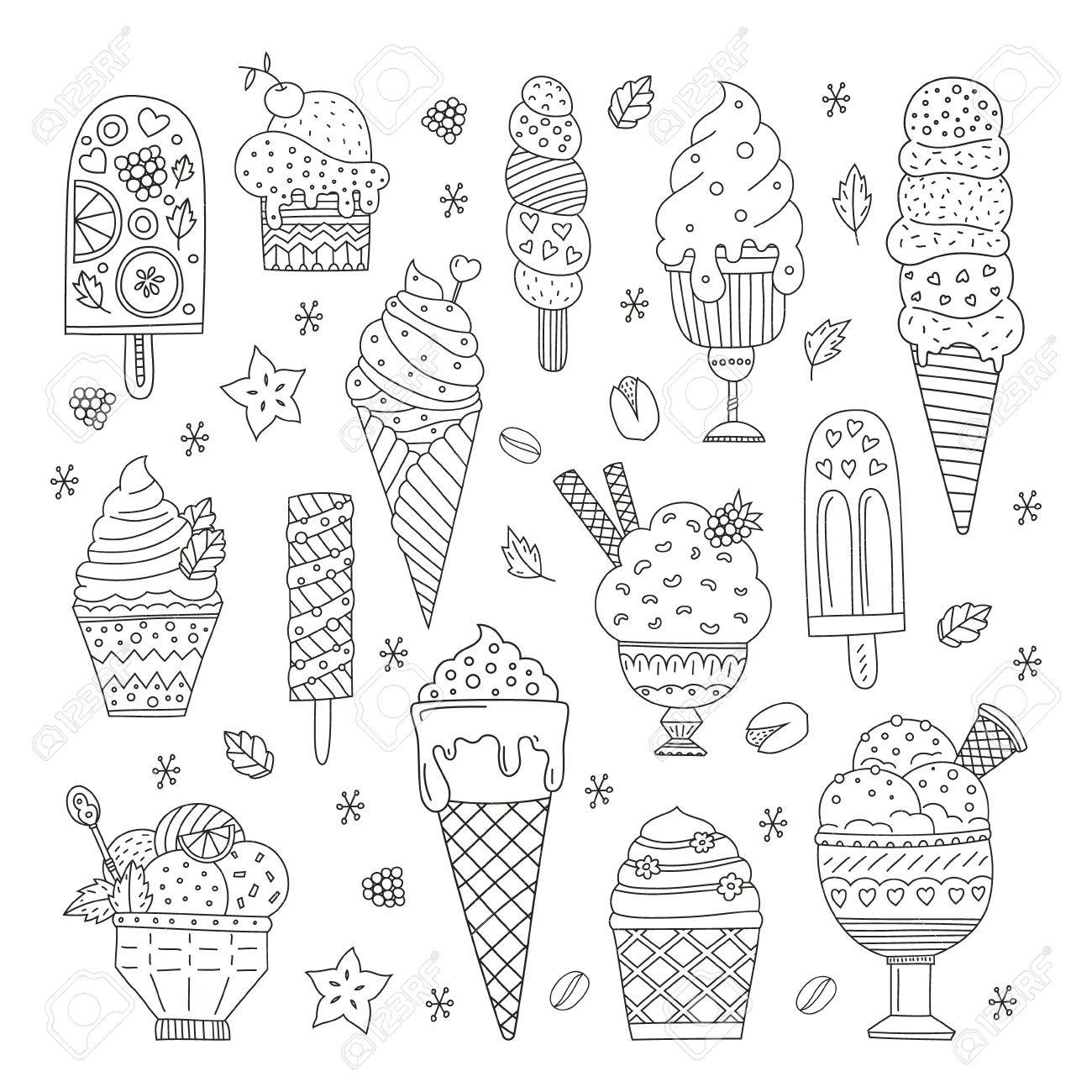 かわいいベクトル手のコレクション描画漫画アイス クリーム コーンと落書きスタイルで作られてさまざまな風味のアイスクリーム のイラスト素材 ベクタ Image