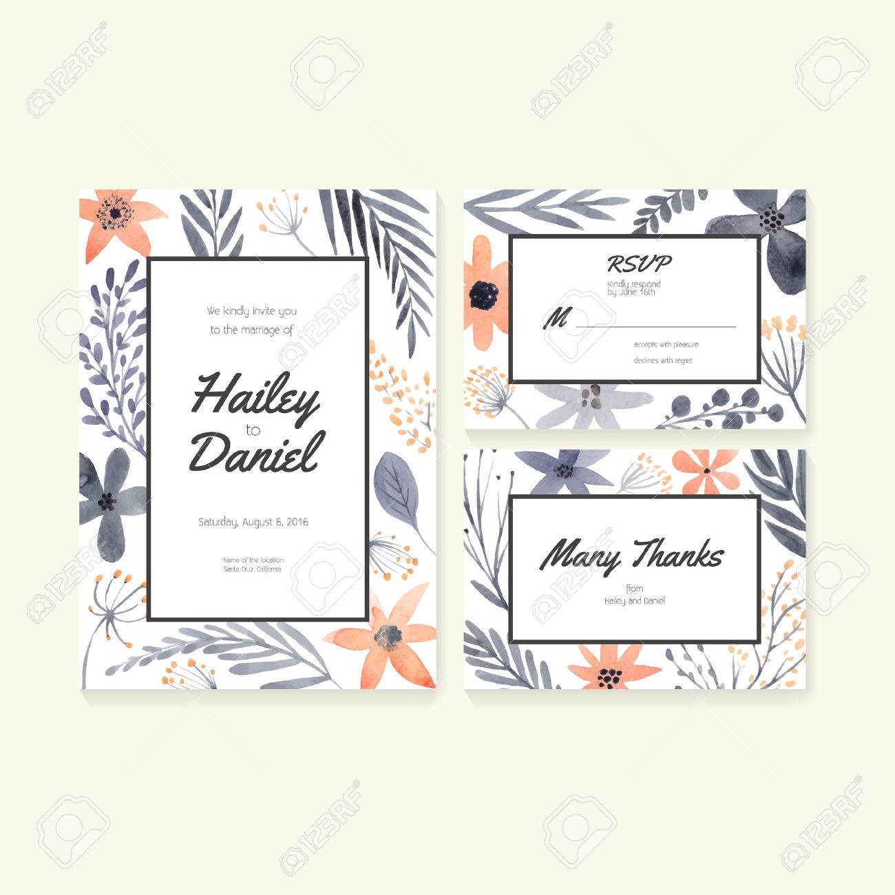 結婚式の招待状やブライダル デザインの日付 Rsvp とありがとうカードを保存します 花飾り付きベクトル水彩画ポストカード コレクション のイラスト素材 ベクタ Image