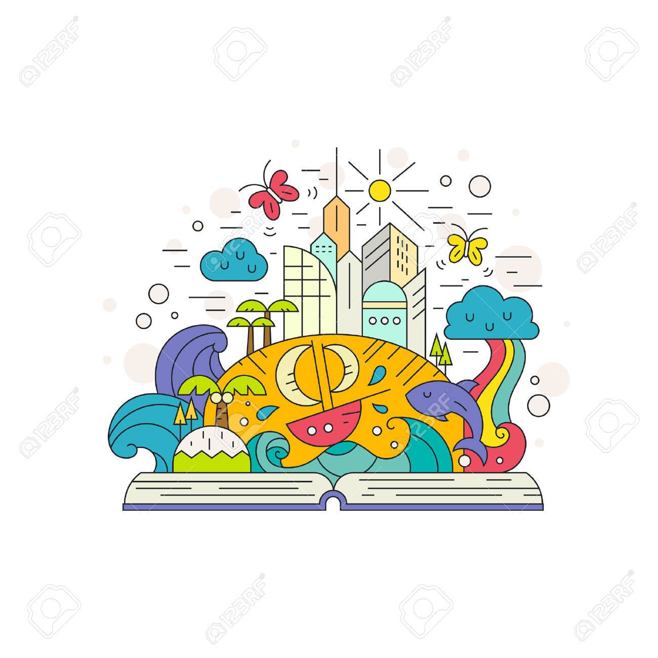 プロセスと Cuiriosity の概念の学習の創造的なイラスト おとぎ話島の要素 波 虹 蝶 クジラ 太陽 建物に開いた本 フラット スタイルの想像力の概念 のイラスト素材 ベクタ Image