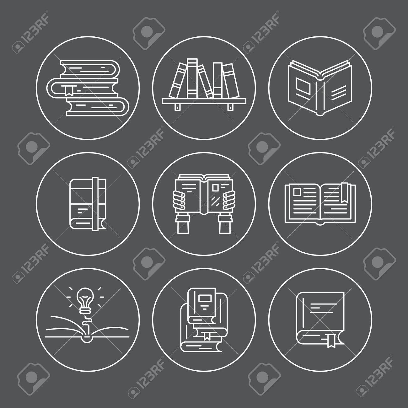 本の種類と細い線アイコンのセットです ベクトル教育イラスト サークルの Pictogramm を読んでください のイラスト素材 ベクタ Image