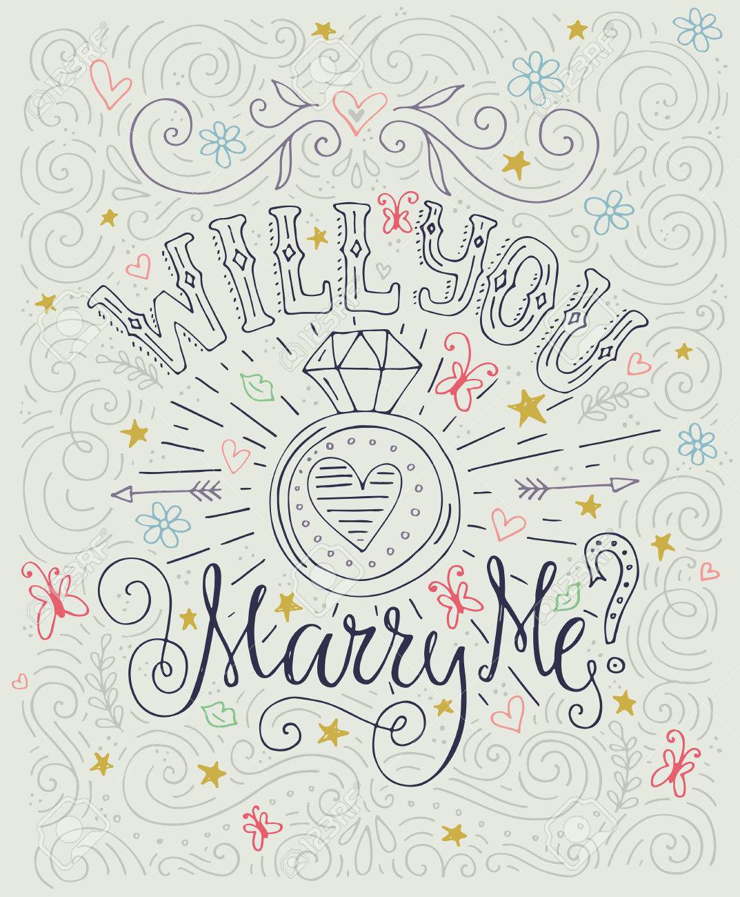 私の結婚式の提案とロマンチックなタイポグラフィ ポスターと結婚します。婚約パーティーの招待状。日付カードのデザインを保存します。婚約指輪のレタリングが大好きです。ロマンチックな手描きのレタリング。ベクター  アートです。バレンタイン カード。のイラスト素材 ...