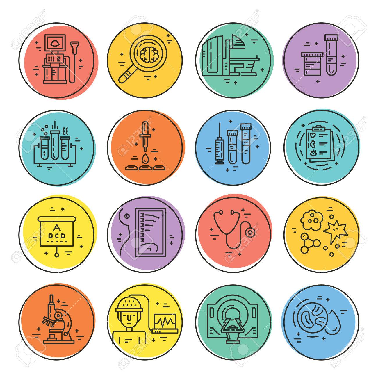 検診と Mri X 線診断プロセスのベクトル アイコン血液検査 顕微鏡 その他の医療機器 医療診断プロセスの行ベクトル イラスト のイラスト素材 ベクタ Image