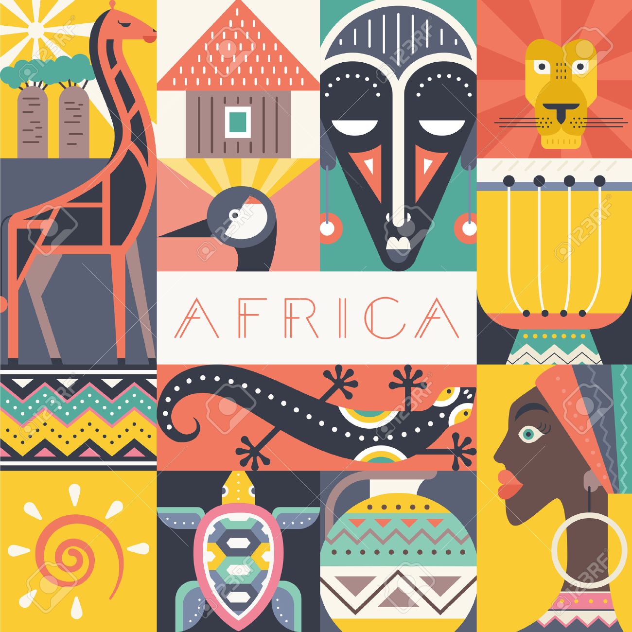 Conceptual illustration of Africa with different african symbols made in flat vector style. Travel to africa banner template. Explore the world. Traditional african symbols isolated and easy to use. African design. - 54822379 Conceptual illustration of Africa with different african symbols made in flat vector style. Travel to africa banner template. Explore the world. Traditional african symbols isolated and easy to use. African design. - 54822379