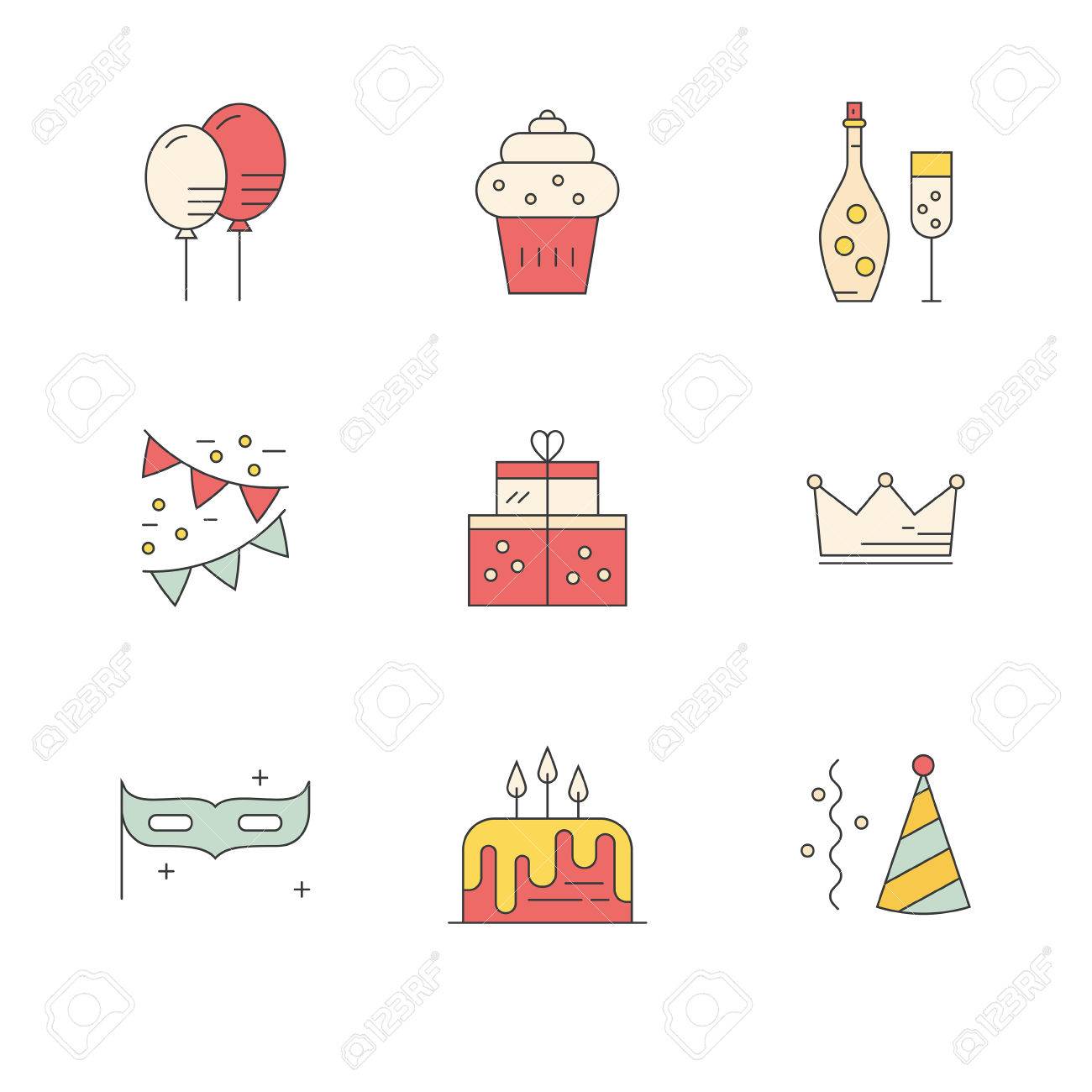 Set Of Party Icons Made In Line Style Vector. Celebration Symbols. Design  Elements For Event Planning Company Or Birthday Party. Royalty Free SVG,  Cliparts, Vectors, and Stock Illustration. Image 54817966., image size:1300x1300