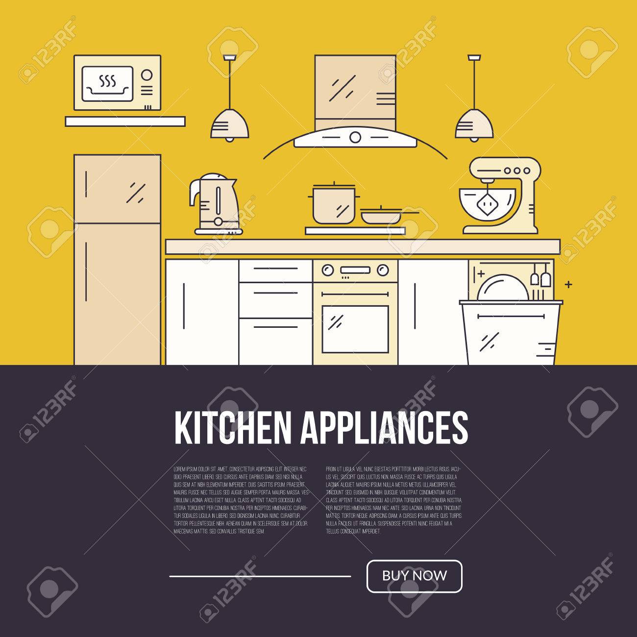 Illustration Of Modern Kitchen With Different Kitchen And House Appliances.  Vector Line Template. Banner Or Flyer Concept For Kitchen Shop, House  Appliances And Home Technology. Royalty Free SVG, Cliparts, Vectors, and  Stock, image size:1300x1300