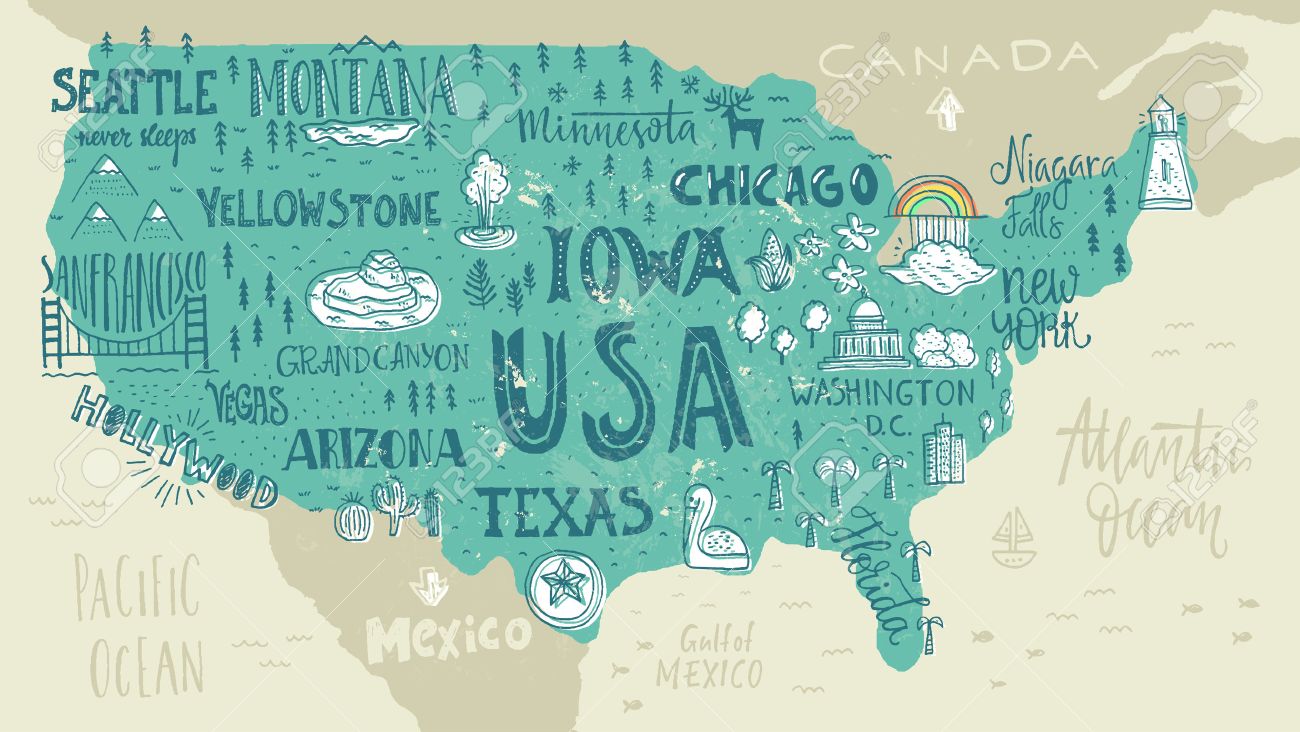 Handdrawn illustration of USA map with hand lettering names of states and tourist attractions. Travel to USA concept. American symbols on the map. Creative design element for tourist banner, apparel design, road trip event design. - 58129969 Handdrawn illustration of USA map with hand lettering names of states and tourist attractions. Travel to USA concept. American symbols on the map. Creative design element for tourist banner, apparel design, road trip event design. - 58129969
