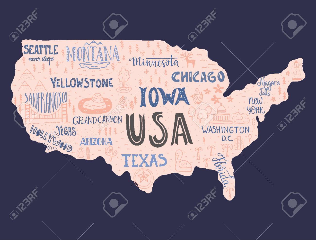 アメリカ地図 手描きイラスト レタリングと観光のシンボル 観光バナー アパレル デザイン 道路旅行イベントのデザインの創造的なデザイン要素です の イラスト素材 ベクタ Image