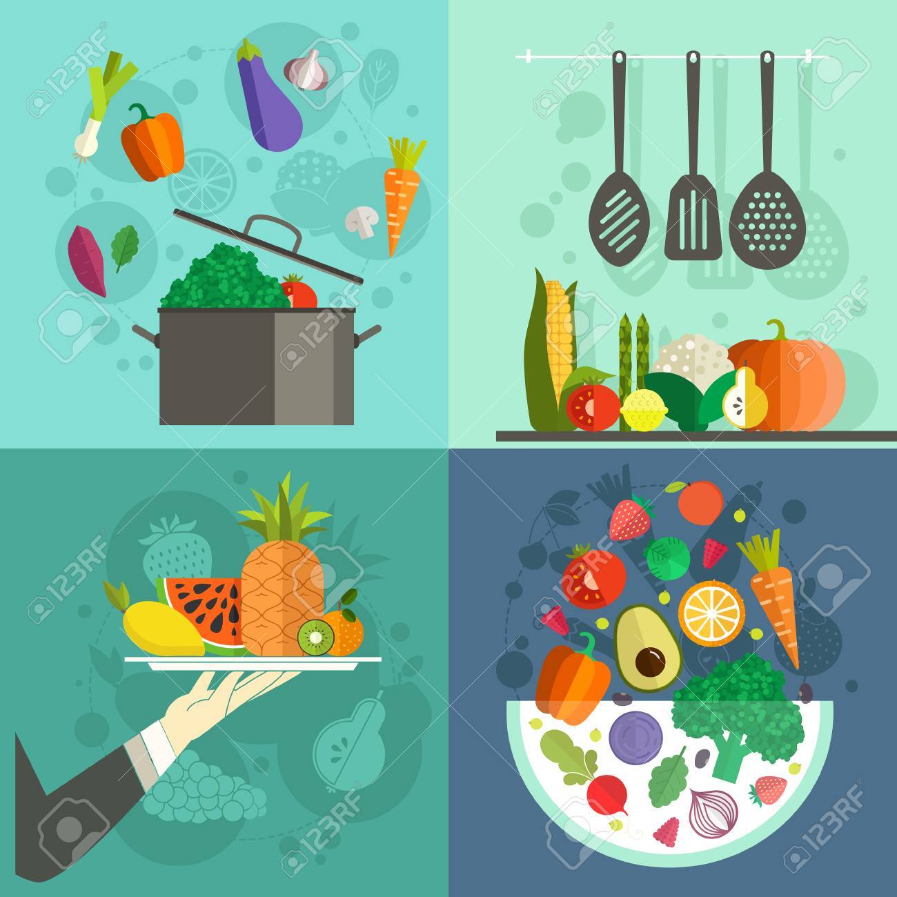 ヘルシーな料理用の学校 健康的な食事のイラストやレストラン メニューのバナー集です 健康的な野菜や果物 ベクトル フラット アート のイラスト素材 ベクタ Image