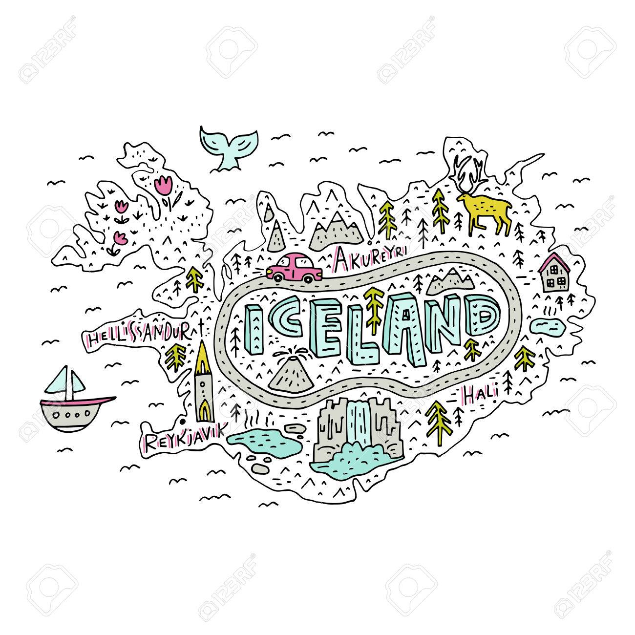 アイスランドの漫画のマップ すべての主要観光スポットの手描きイラスト 旅行ブログ ポスター ガイドのツアー会社の偉大なデザイン要素です ベクトル地図 作成 のイラスト素材 ベクタ Image