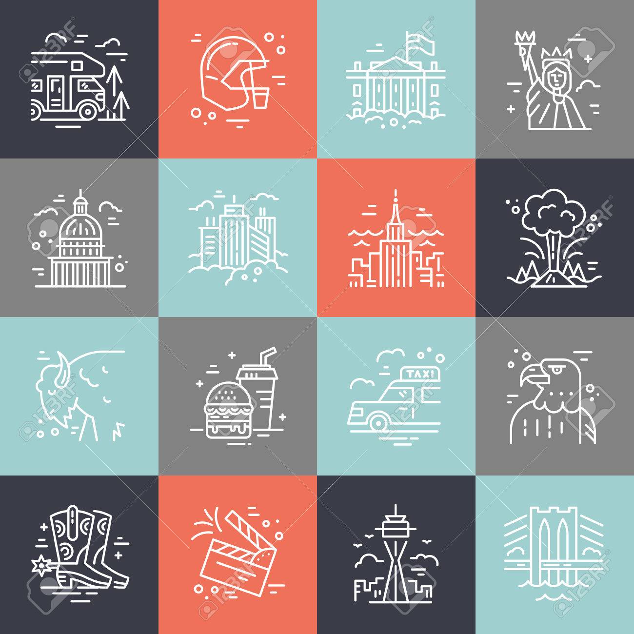 Vector set of line icons with symbols of United States. - 75338911 Vector set of line icons with symbols of United States. - 75338911