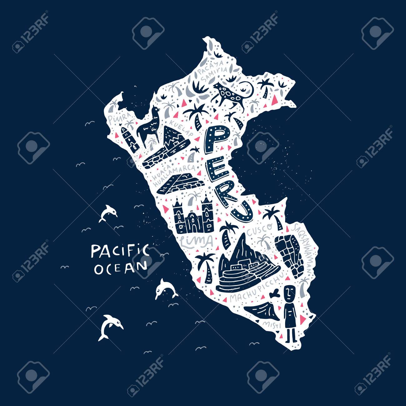 Mappa Dei Cartoni Animati Del Perù Illustrazione Vettoriale Con Tutti I Principali Simboli Del Paese