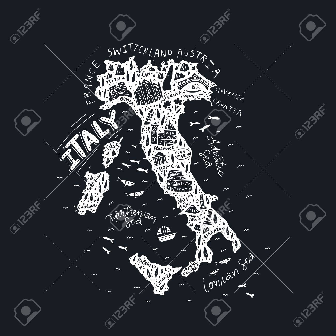 Map of Italy - handdrawn illustration on black background. - 101043265 Map of Italy - handdrawn illustration on black background. - 101043265