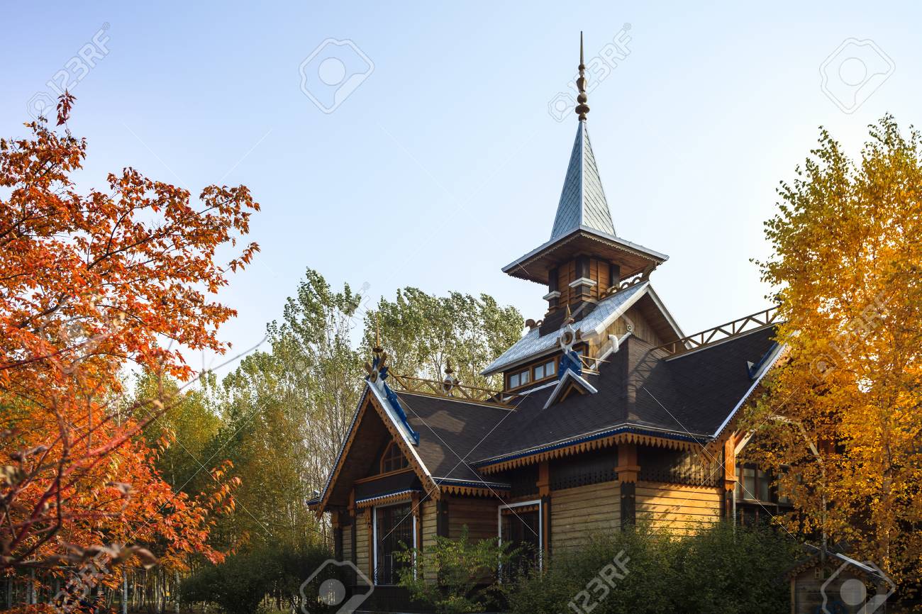 Harbin Volga Manor Building In Autumn Leaves Stock Photo, Picture and  Royalty Free Image. Image 93932859.