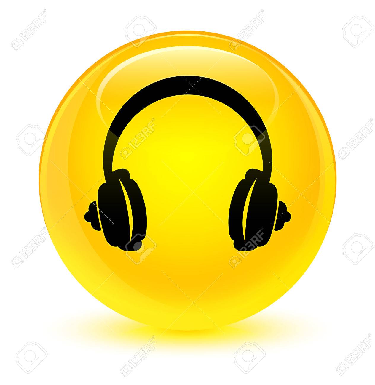 ヘッドフォンのアイコン ボタンの抽象的なイラスト ラウンド ガラス黄色の分離 の写真素材 画像素材 Image