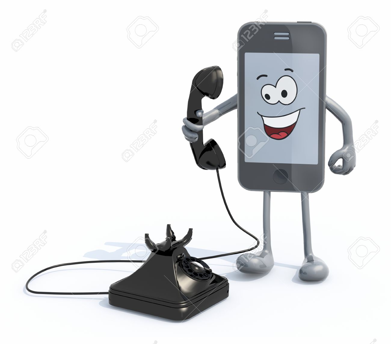 Cartoon Smartphone With Arms And Legs Use An Old Telephone 3d Stock Photo Picture And Royalty Free Image Image 37576181