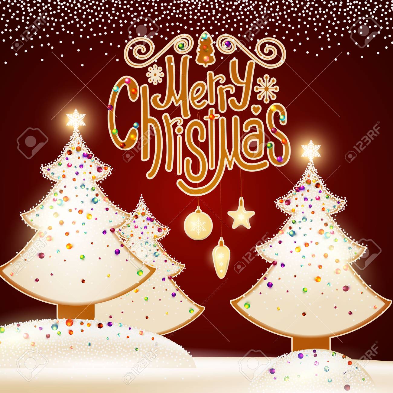 ジンジャーブレッドとメリー クリスマス キュートなデザインは 輝くクリスマス ツリーがあり お菓子のレタリングや雪釉 のイラスト素材 ベクタ Image