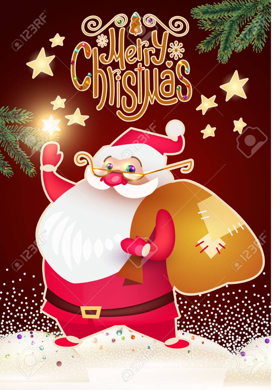 サンタクロースに微笑む雪 クリスマスツリーとレタリングとクリスマスカードテンプレート のイラスト素材 ベクタ Image