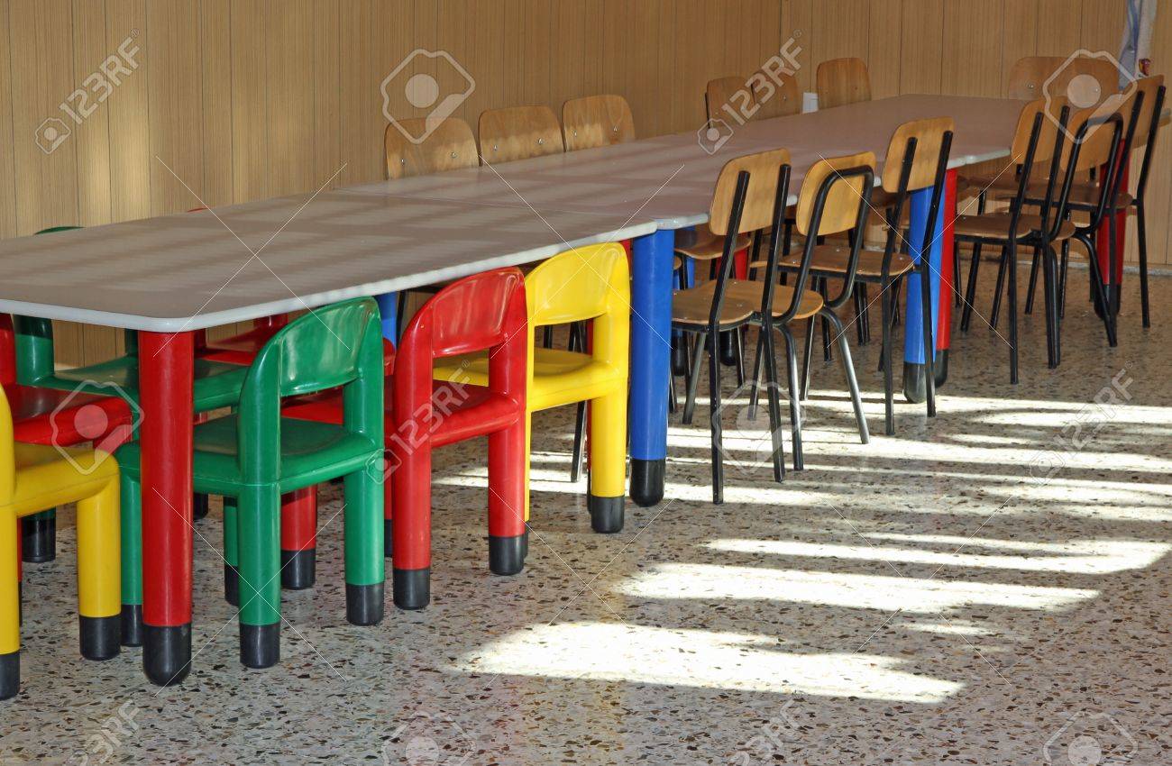 colored plastic little chairs in the nursery canteen for young