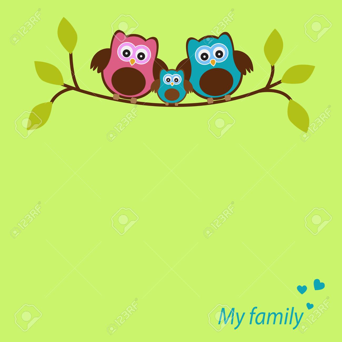 Vettoriale Vector Frame Card Per Il Tema Della Primavera Gufi Di Famiglia Seduto Su Un Ramo Di Un Albero C E Spazio Per Foto O Testo Image