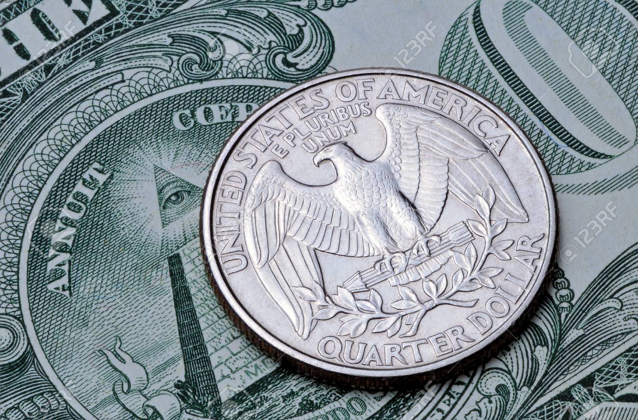 Stock P O Us Coin Quarter Dollar On One Dollar Bill Obverse Of The Coin 25 Us Cents On A Banknote 1 Us Dollar Stock P O Us Coin Quarter Dollar On One Dollar Bill Obverse Of The Coin 25 Us Cents On A Banknote 1 Us Dollar