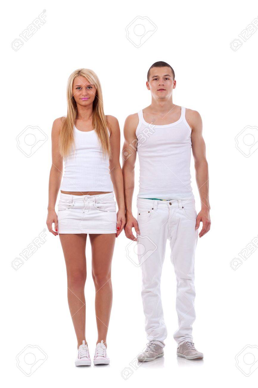 picture of a young couple standing next to each other on white stock