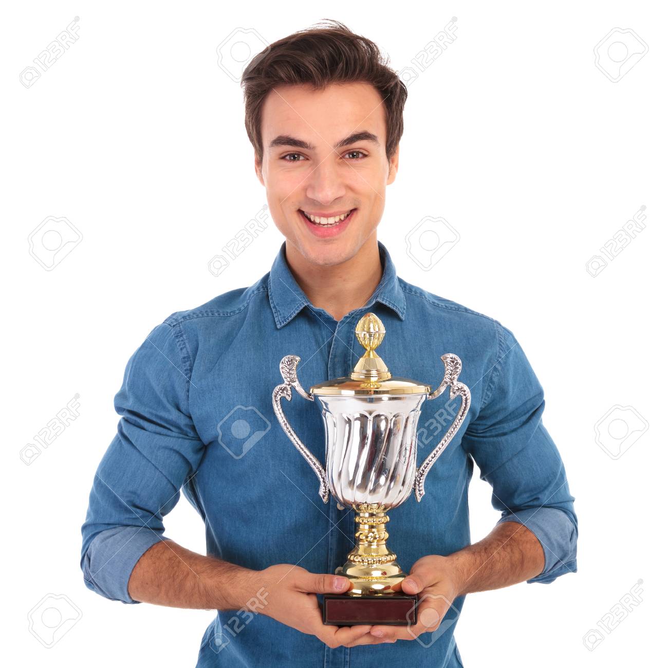 happy casual man holding