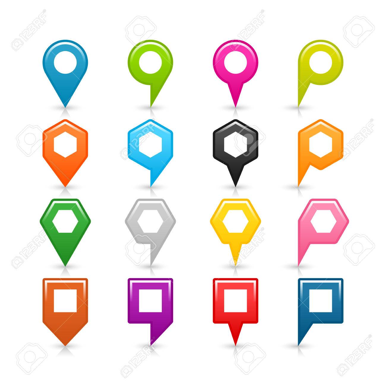 16 map pins location icon with reflection shadow and white empty