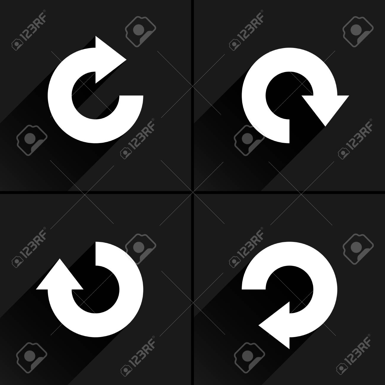 4 矢印アイコン更新があり 回転 リセット リピート 再読み込み記号セット 01 灰色の背景に黒い長い影と白のピクトグラム シンプルなプレーン ソリッド フラット スタイル ベクトル イラスト Web デザイン 8 Eps の写真素材 画像素材 Image