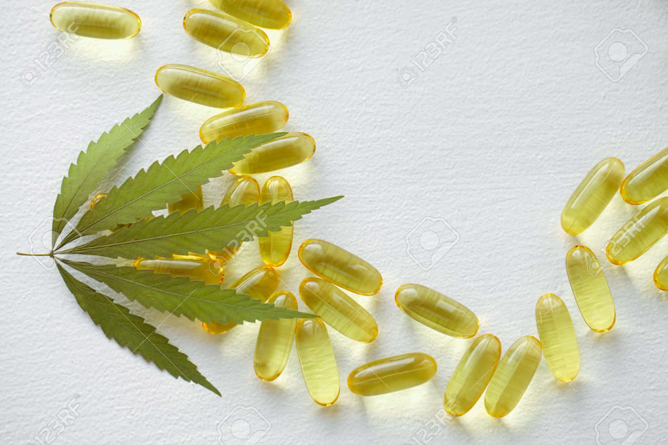 Cannabis oil capsule concept, CBD oil capsules and hemp leaves. Macro close up of capsules of biological and ecological hemp plant herbal pharmaceutical - 169732099 Cannabis oil capsule concept, CBD oil capsules and hemp leaves. Macro close up of capsules of biological and ecological hemp plant herbal pharmaceutical - 169732099