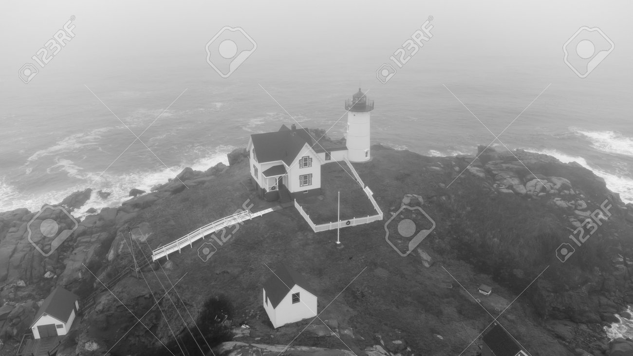 Aerial photo of the iconic Nubble Lighthouse York Maine USA black and white - 161711430 Aerial photo of the iconic Nubble Lighthouse York Maine USA black and white - 161711430