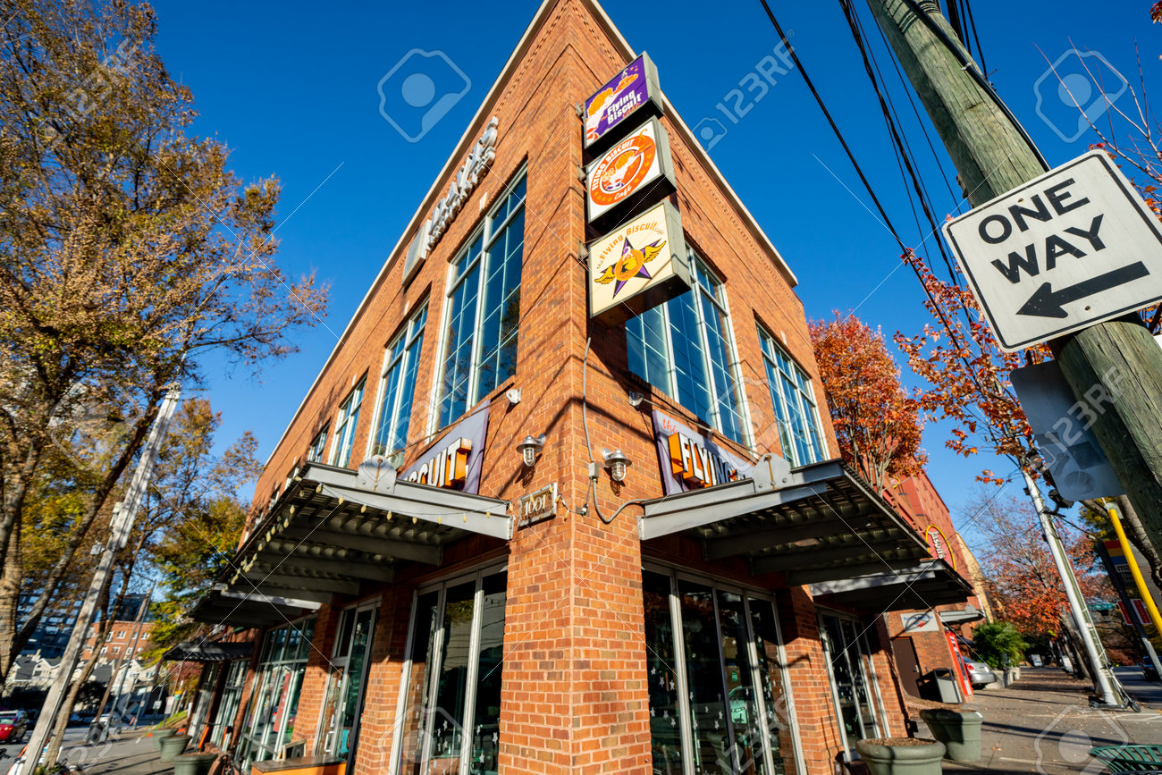 Atlanta, GA, USA - December 12, 2020: Photo of The Flying Biscuit Restaurant historic brick building Downtown Atlanta - 161602412 Atlanta, GA, USA - December 12, 2020: Photo of The Flying Biscuit Restaurant historic brick building Downtown Atlanta - 161602412