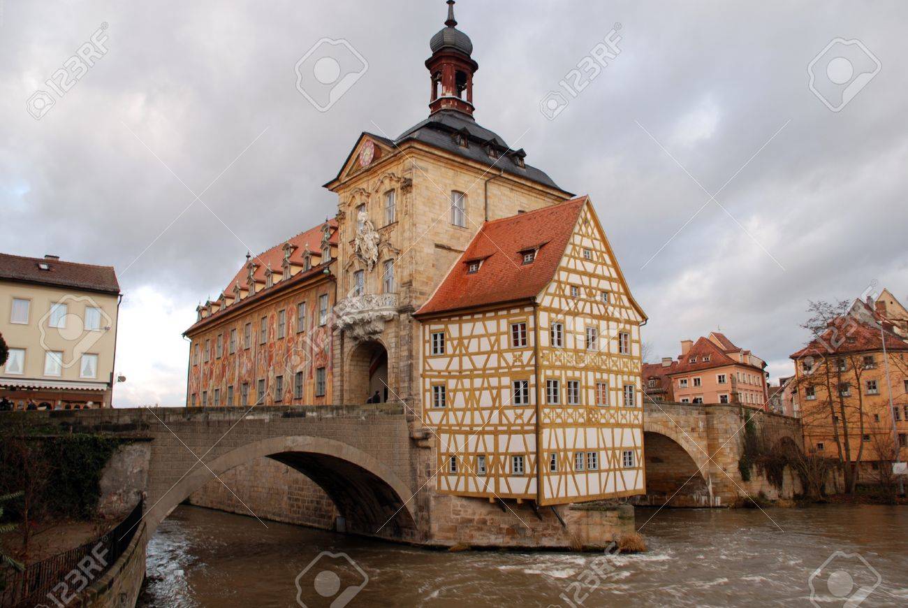 Stock Photo - The Old Town Hall (1386) of Bamberg(Germany) was built in the middle of the Regnitz river, accessible by two bridges .