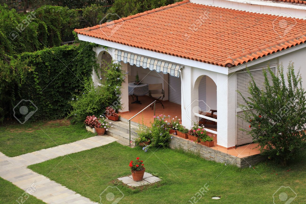 Beautiful White House With Red Tile Roof Small Terrace And Lawn Stock Photo Picture And Royalty Free Image Image 21969176