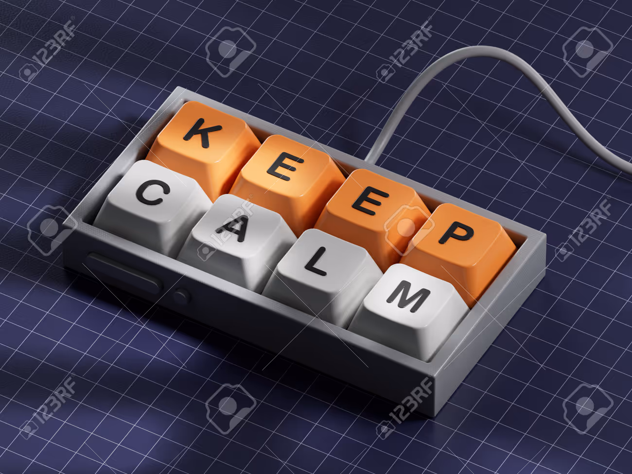 Dice form the expression KEEP CALM .3D rendering on blue background. - 265357916 Dice form the expression KEEP CALM .3D rendering on blue background. - 265357916