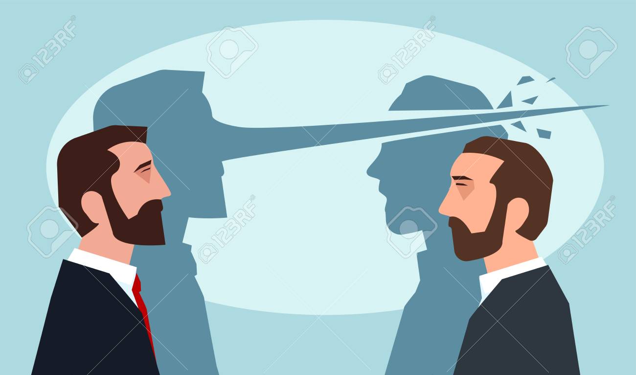 Psychology of lies concept. Man with long nose lying another guy - 103964560 Psychology of lies concept. Man with long nose lying another guy - 103964560