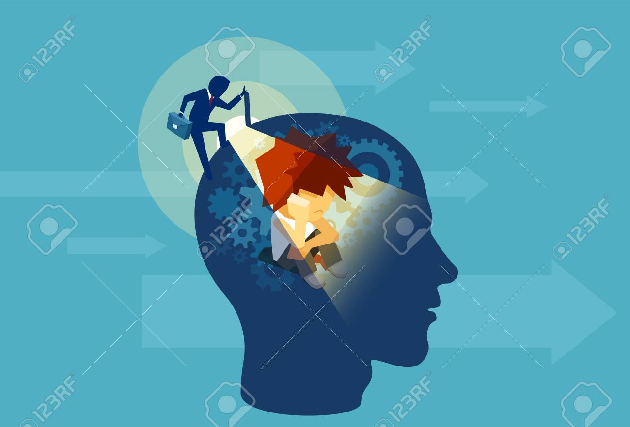 Vector of an business adult man opening a human head with a child subconscious mind sitting inside - 104937817 Vector of an business adult man opening a human head with a child subconscious mind sitting inside - 104937817